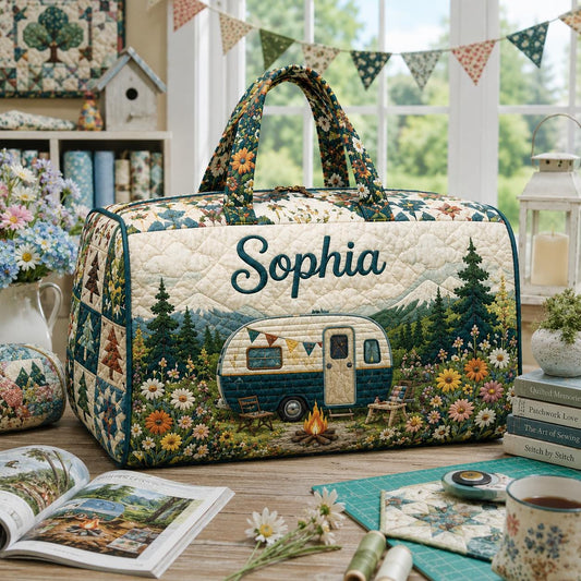 Personalized Camper Travel Bag, Floral Quilted Duffle, Custom Name Camping Carryall, Road Trip Gift 2026, Birthday Gift For Her, Adventure