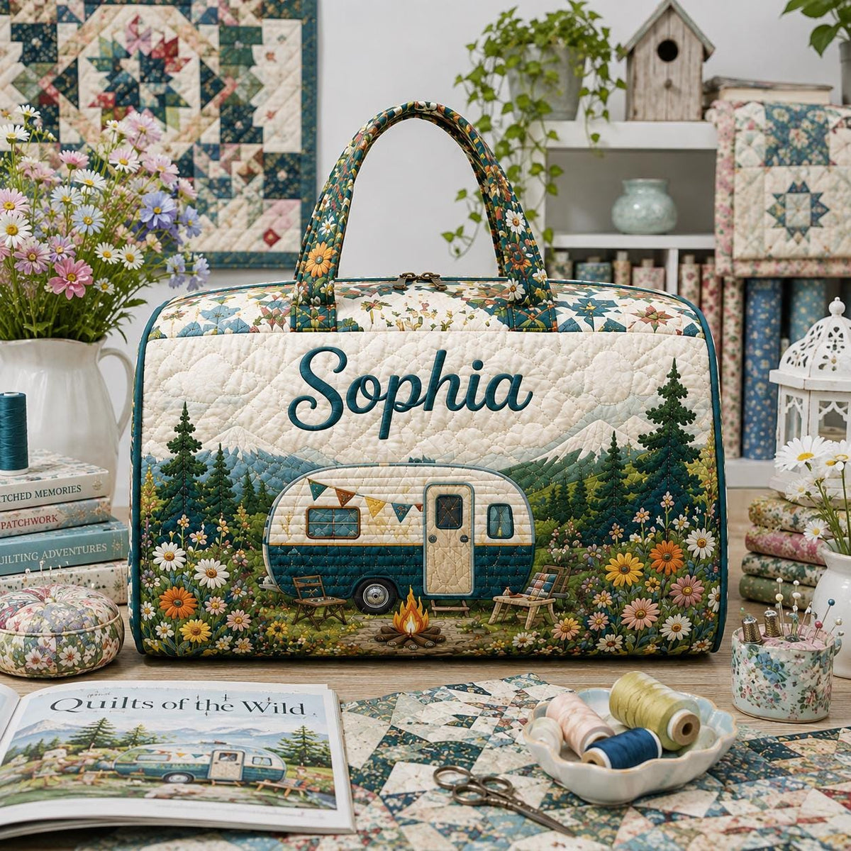 Personalized Camper Travel Bag, Floral Quilted Duffle, Custom Name Camping Carryall, Road Trip Gift 2026, Birthday Gift For Her, Adventure