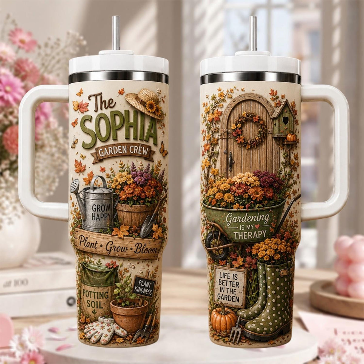 Personalized Gardening Tumbler 40oz, Custom Gardener Name Cup, Floral Garden Tumbler, Gardening Gift For Her, Plant Lover Gift