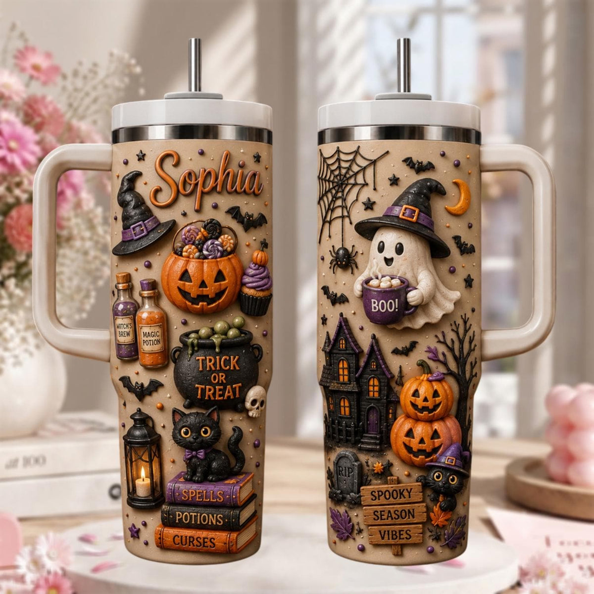 Personalized Halloween Tumbler 40oz, Custom Name Halloween Cup, Spooky Witch Tumbler, Cute Halloween Gif