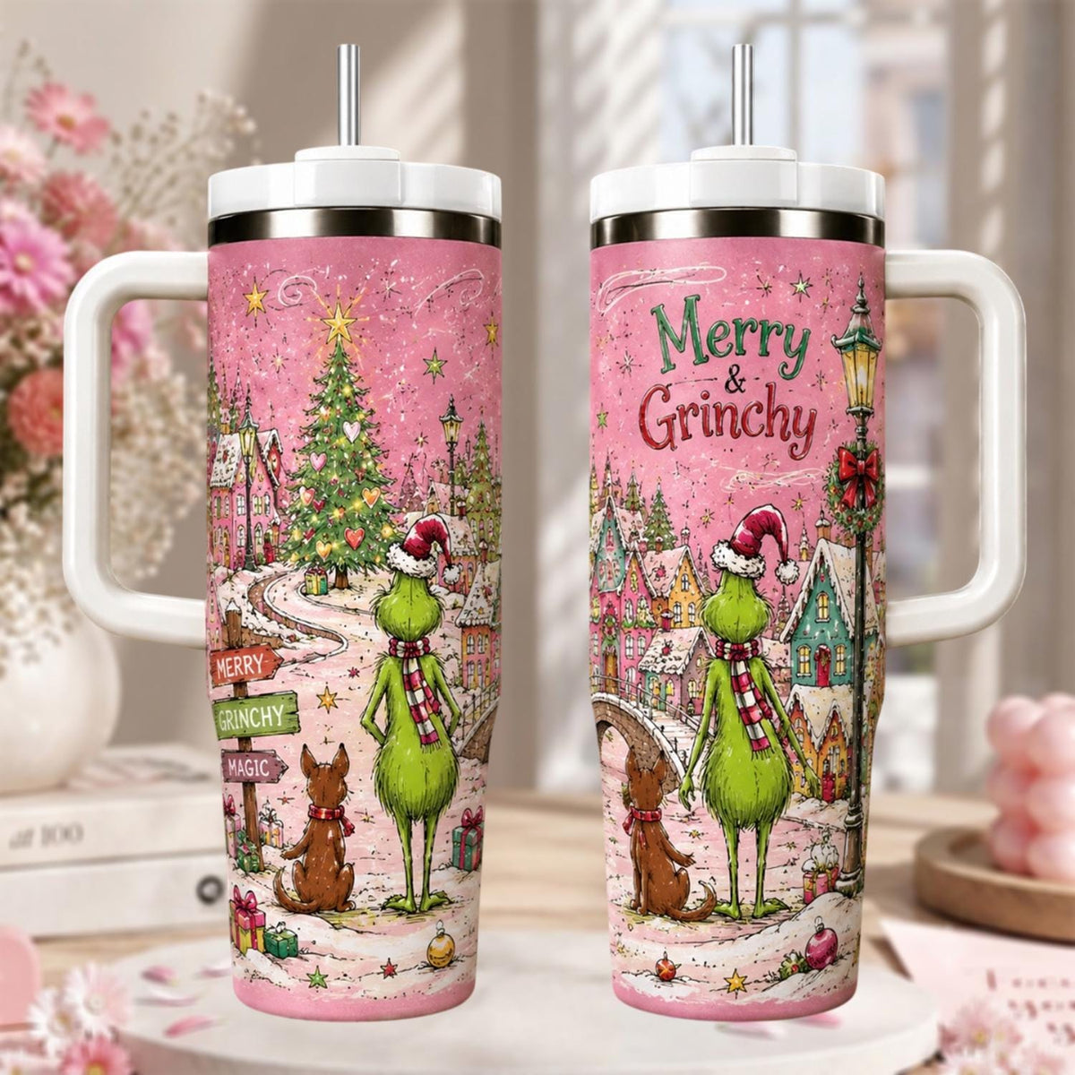 Personalized Christmas Tumbler 40oz, Custom Grin Name Cup, Pink Christmas Tumbler, Cute Grinchmas Gift