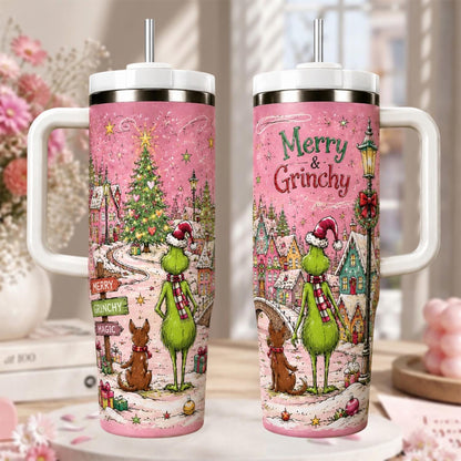 Personalized Christmas Tumbler 40oz, Custom Grin Name Cup, Pink Christmas Tumbler, Cute Grinchmas Gift