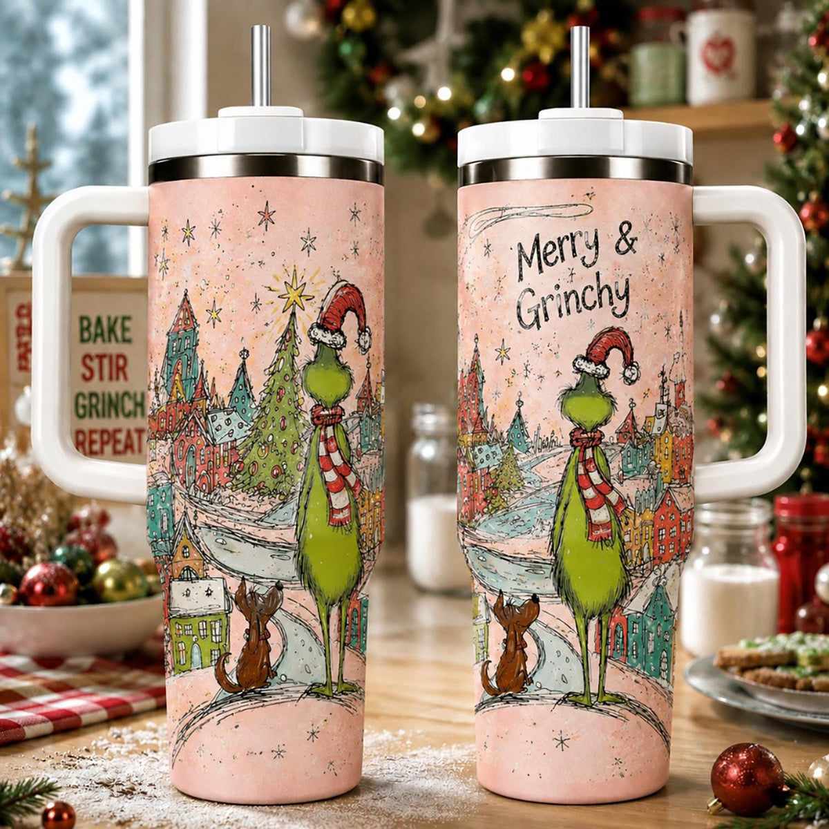 Personalized Christmas Tumbler 40oz, Custom Name Grin Tumbler, Merry Grinchmas Holiday Cup, Christmas Gift