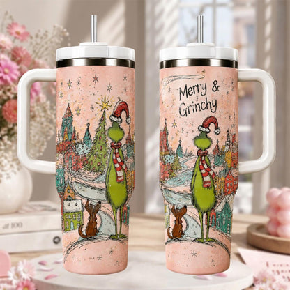 Personalized Christmas Tumbler 40oz, Custom Name Grin Tumbler, Merry Grinchmas Holiday Cup, Christmas Gift