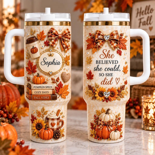 Personalized Fall Tumbler 40oz, Custom Name Pumpkin Tumbler With Handle, Autumn Coffee Cup, Cozy Fall Gift For Women