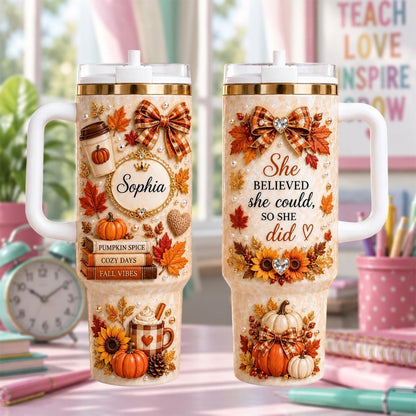 Personalized Fall Tumbler 40oz, Custom Name Pumpkin Tumbler With Handle, Autumn Coffee Cup, Cozy Fall Gift For Women