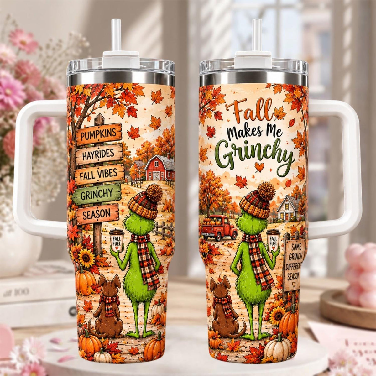 Personalized Fall Tumbler 40oz, Custom Name Green Tumbler, Autumn Pumpkin Cup, Funny Green Gift, Fall Gift For Women