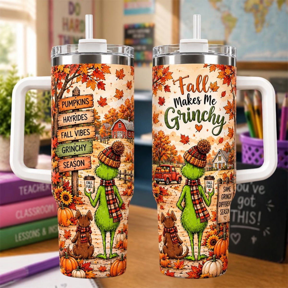 Personalized Fall Tumbler 40oz, Custom Name Green Tumbler, Autumn Pumpkin Cup, Funny Green Gift, Fall Gift For Women