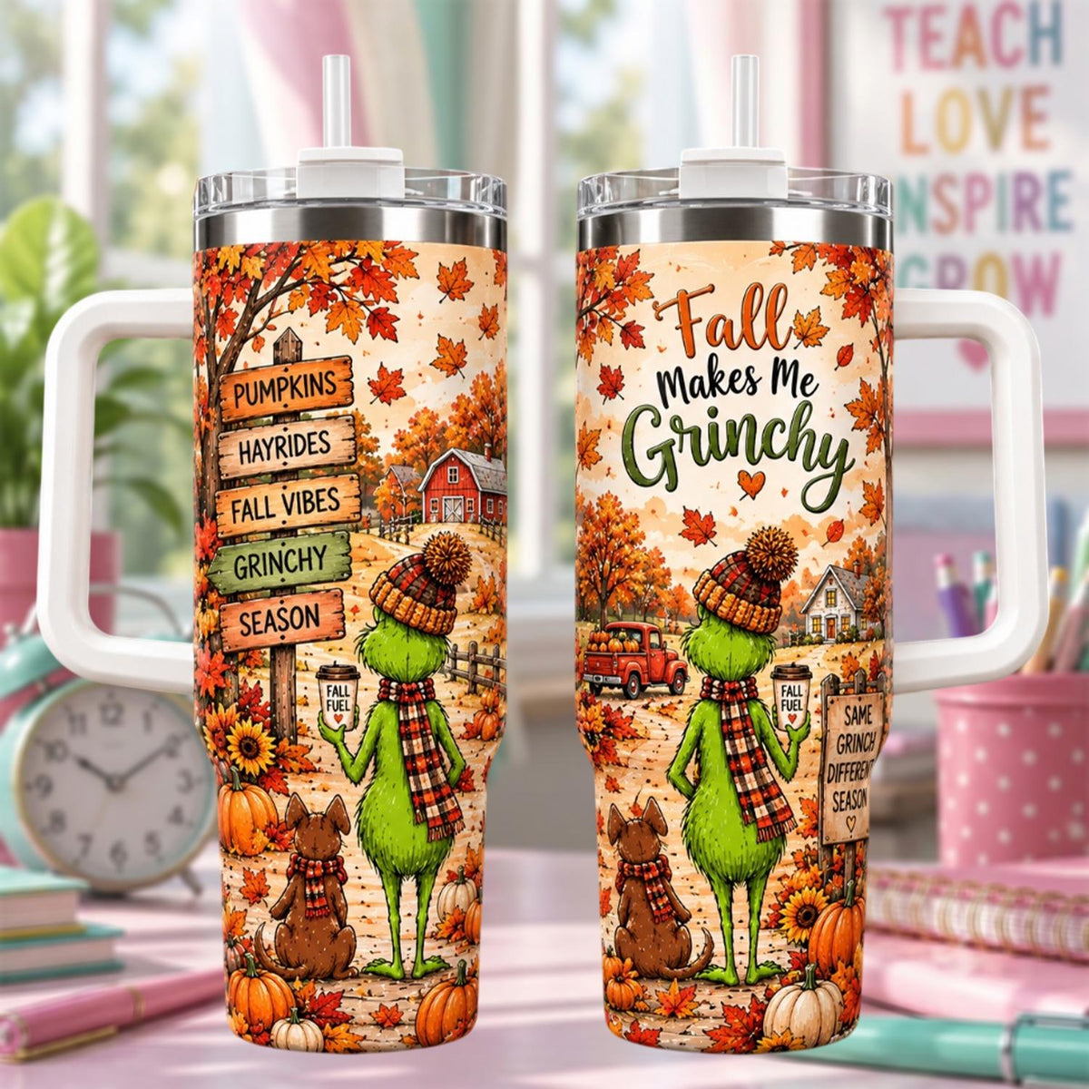 Personalized Fall Tumbler 40oz, Custom Name Green Tumbler, Autumn Pumpkin Cup, Funny Green Gift, Fall Gift For Women
