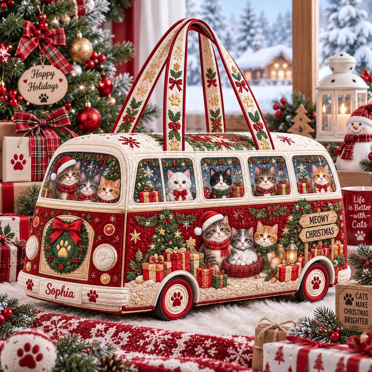 Christmas Cat Weekender, Quilted Pet Travel Bag, Personalized Kitty Tote, Pet Carrier, Cat Lover Gift 2026, Festive Travel Accessory
