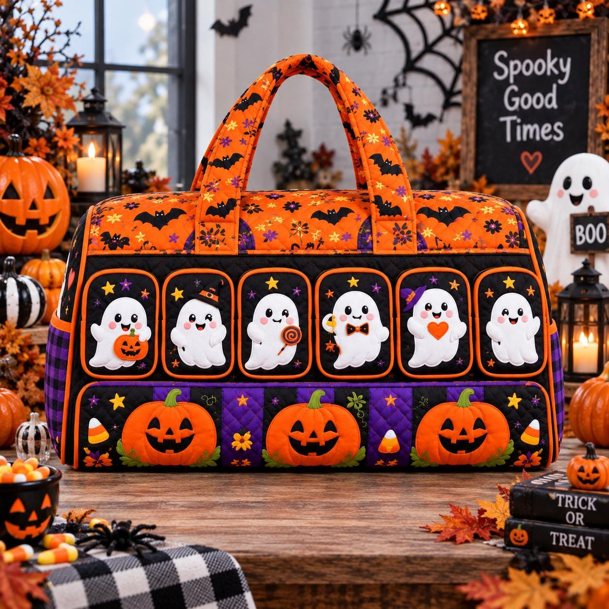 Personalized Halloween Quilted Travel Bag, Ghost Pumpkin Trick Or Treat Carryall, Spooky Party Bag, Name Gift 2026, Kids Accessory Bag