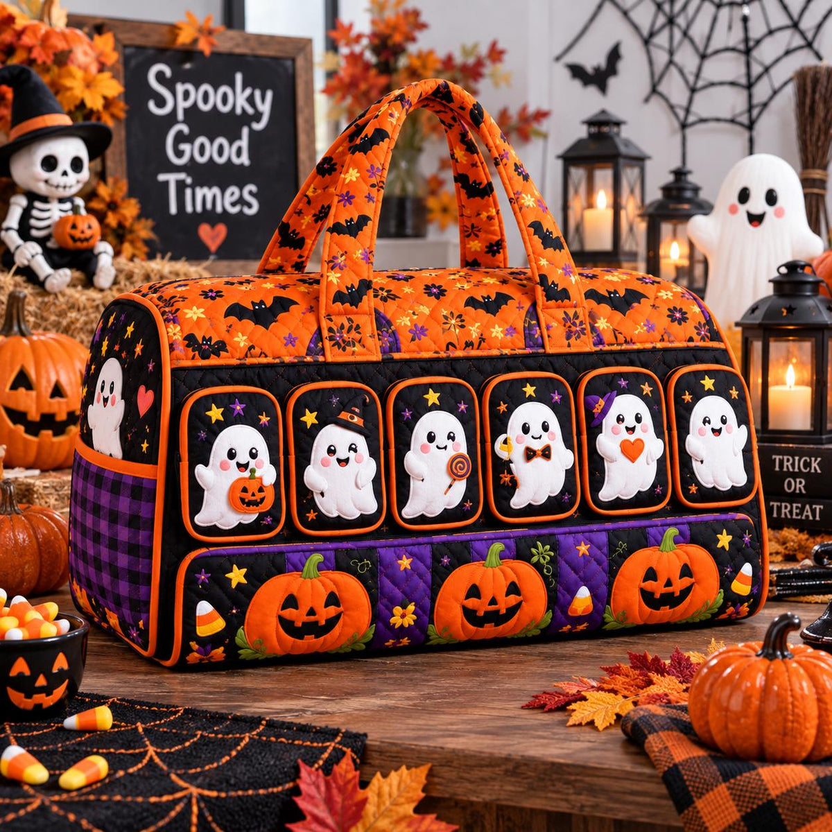 Personalized Halloween Quilted Travel Bag, Ghost Pumpkin Trick Or Treat Carryall, Spooky Party Bag, Name Gift 2026, Kids Accessory Bag