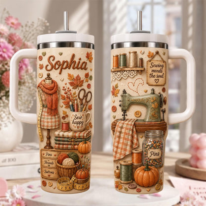 Personalized Sewing Tumbler 40oz, Custom Sewing Machine Cup, Seamstress Gift, Quilter Gift, Fall Craft Tumbler