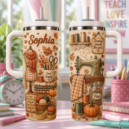 Personalized Sewing Tumbler 40oz, Custom Sewing Machine Cup, Seamstress Gift, Quilter Gift, Fall Craft Tumbler