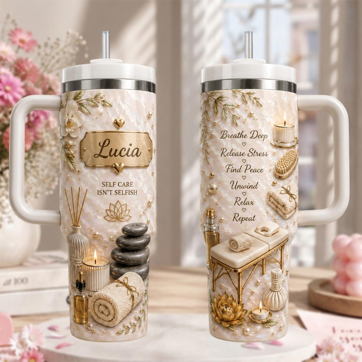 Personalized Spa Tumbler 40oz, Custom Name Self Care Cup, Wellness Tumbler, Massage Therapist Gift, Spa Gift, Relaxation Gift