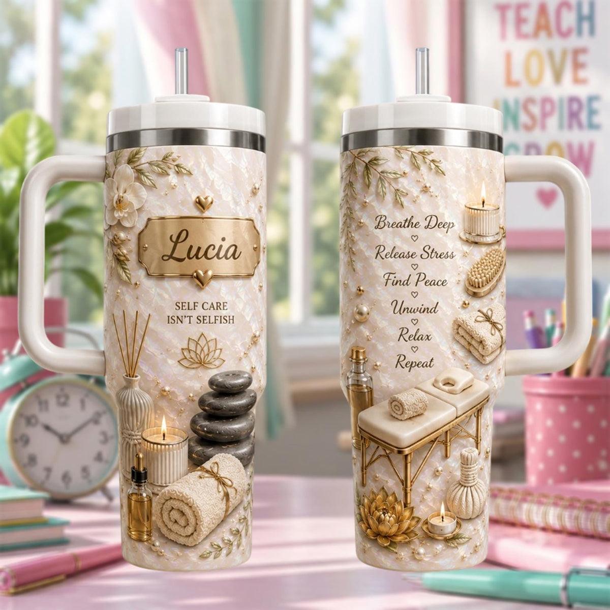 Personalized Spa Tumbler 40oz, Custom Name Self Care Cup, Wellness Tumbler, Massage Therapist Gift, Spa Gift, Relaxation Gift