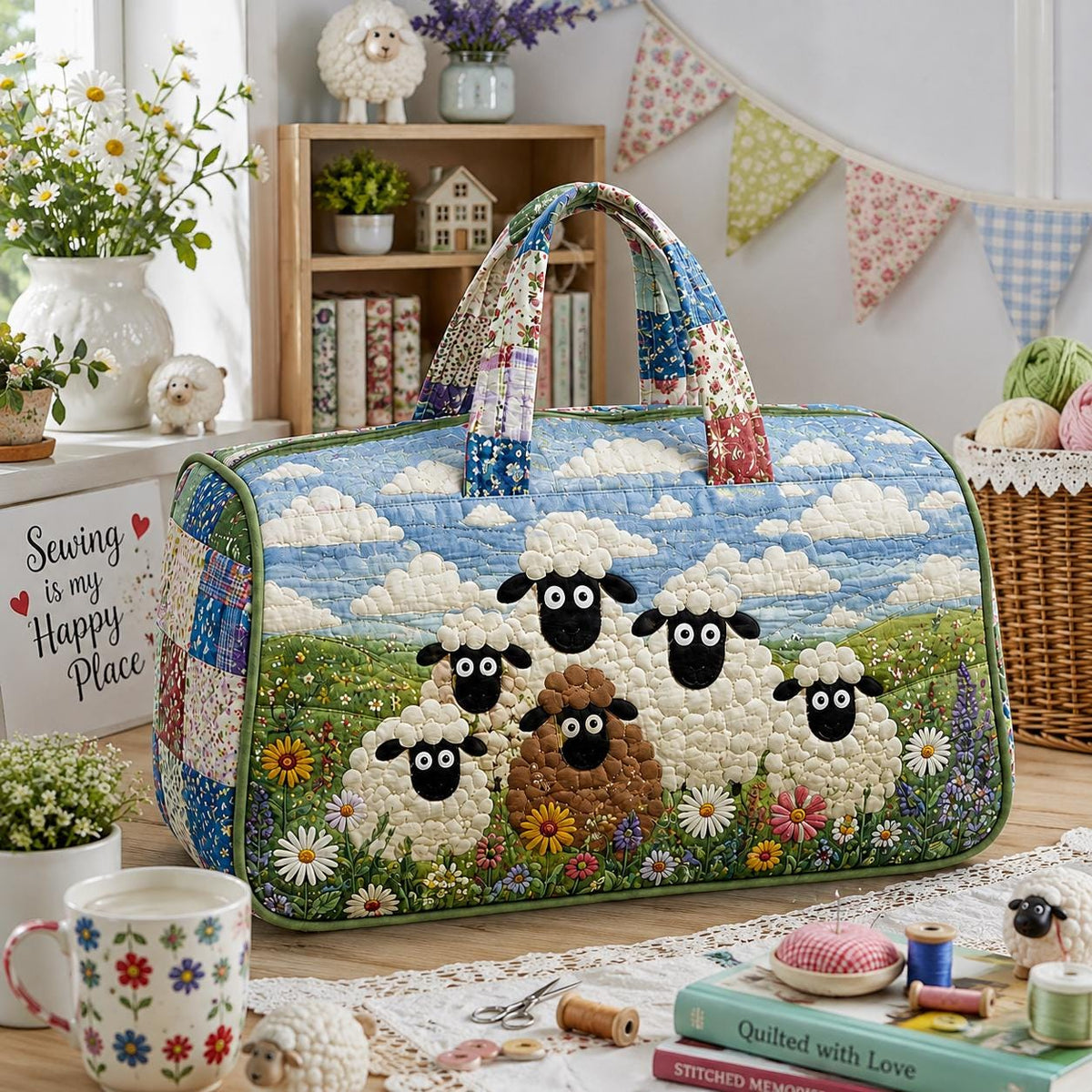 Sheep Quilted Travel Bag, Farm Animal Sewing Project Bag, Patchwork Carryall For Crafters, Country Craft Room Tote Bag For Her, Gift 2026