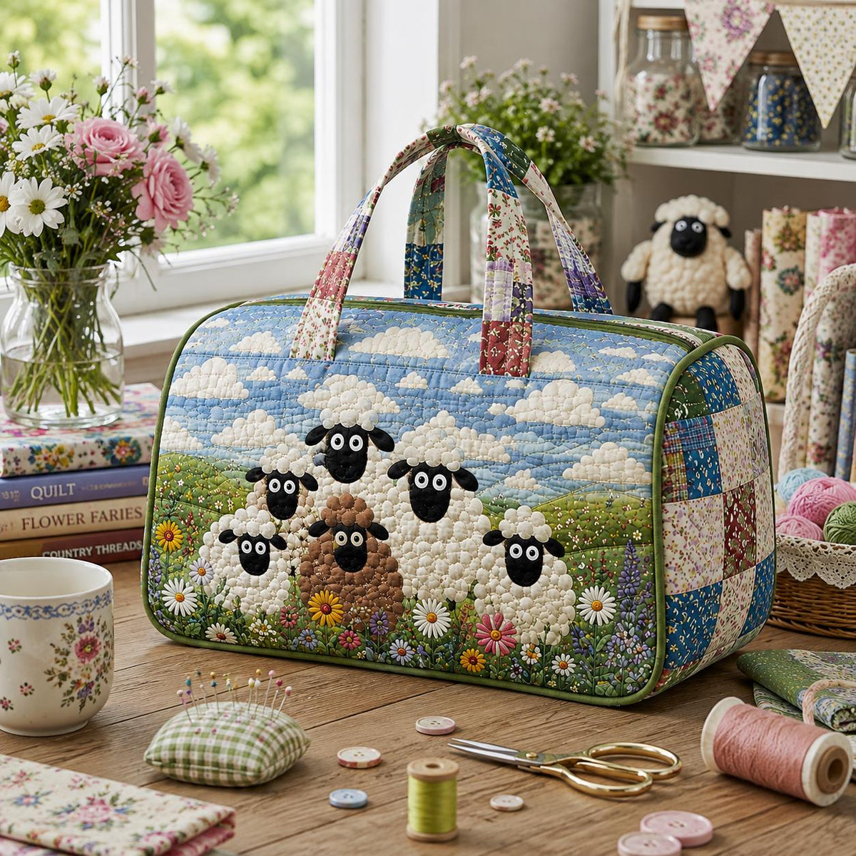 Sheep Quilted Travel Bag, Farm Animal Sewing Project Bag, Patchwork Carryall For Crafters, Country Craft Room Tote Bag For Her, Gift 2026