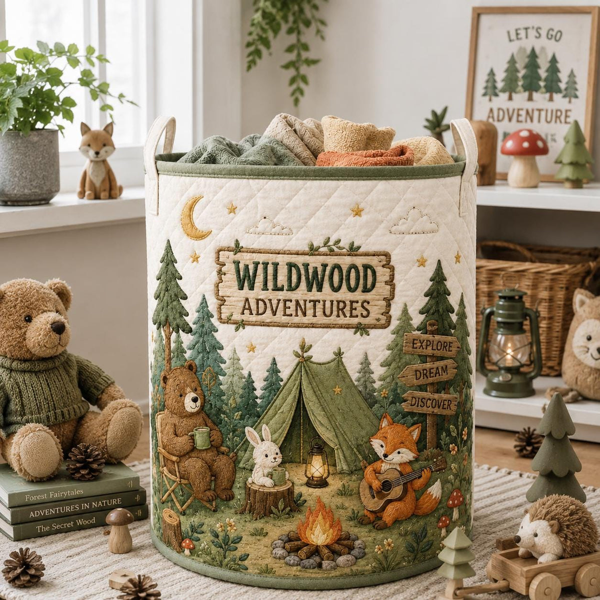 Personalized Woodland Laundry Basket, Camping Nursery Organizer, Forest Animal Toy Bin, Rustic Kids Room Decor, Custom Name Decor, Gift 2026