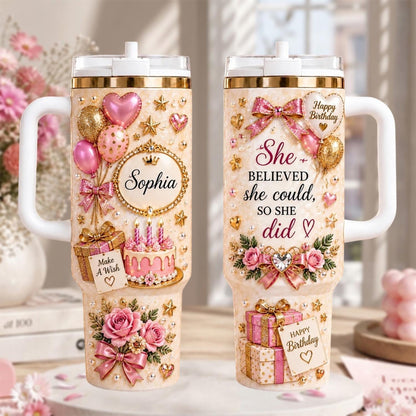 Personalized Birthday Tumbler 40oz, Custom Name Birthday Cup, Pink Birthday Gift For Her, Birthday Celebration Tumbler