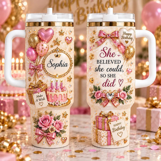 Personalized Birthday Tumbler 40oz, Custom Name Birthday Cup, Pink Birthday Gift For Her, Birthday Celebration Tumbler