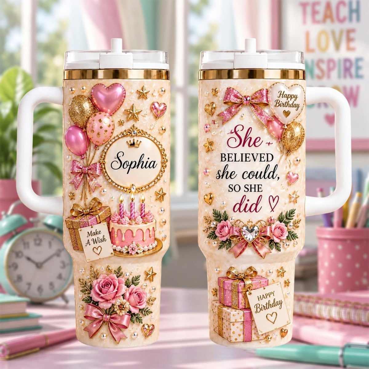Personalized Birthday Tumbler 40oz, Custom Name Birthday Cup, Pink Birthday Gift For Her, Birthday Celebration Tumbler