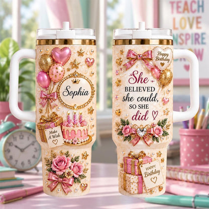 Personalized Birthday Tumbler 40oz, Custom Name Birthday Cup, Pink Birthday Gift For Her, Birthday Celebration Tumbler