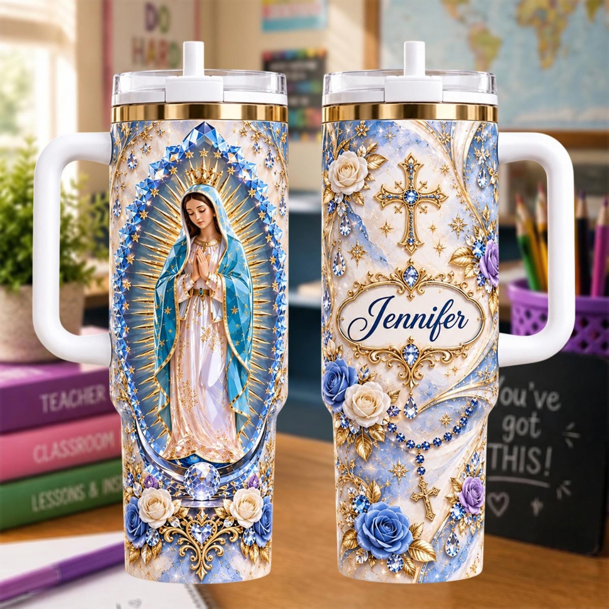 Personalized Religious Tumbler 40oz, Custom Name Catholic Tumbler, Virgin Mary Gift For Her, Christian Travel Mug