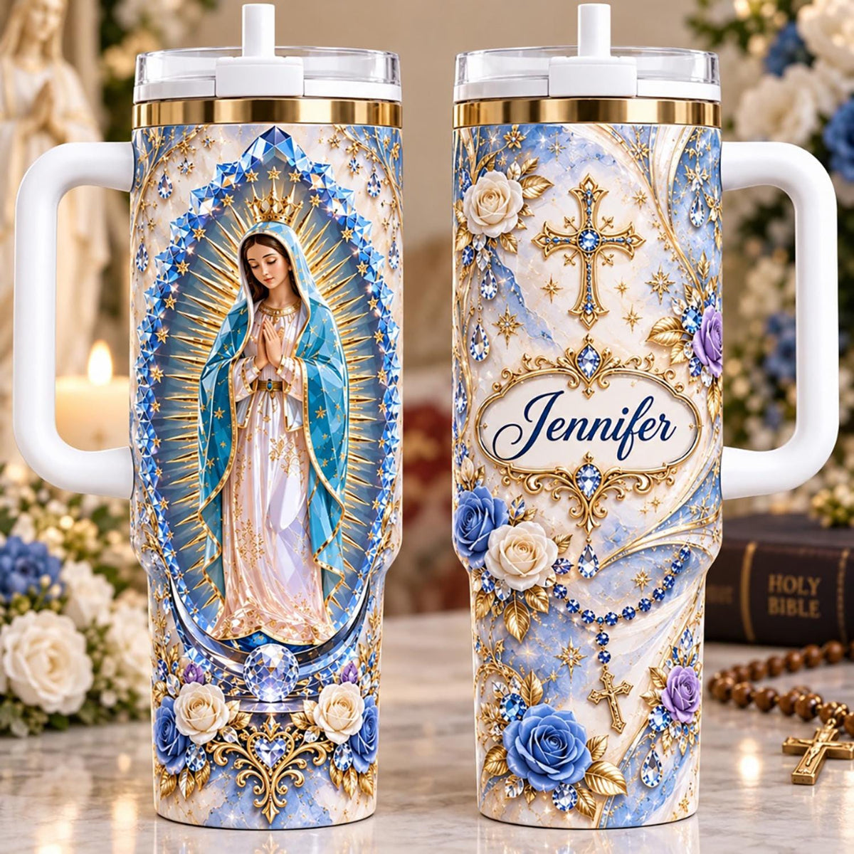 Personalized Religious Tumbler 40oz, Custom Name Catholic Tumbler, Virgin Mary Gift For Her, Christian Travel Mug