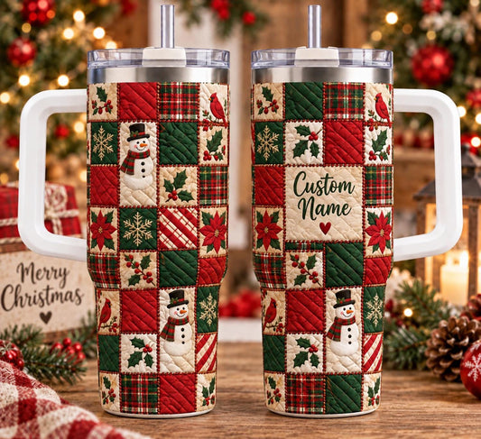 Personalized Faux Patchwork Christmas Tumbler 40oz, Quilted Christmas Tumbler, Holiday Gift For Her