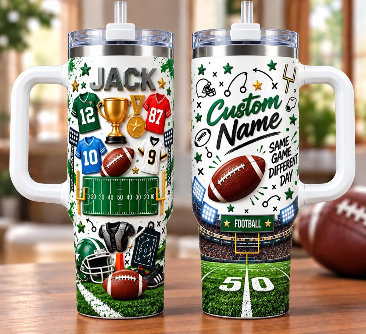 Personalized Football Tumbler 40oz, Custom Name Football Cup With Handle, Football Mom Gift, Football Season Gift