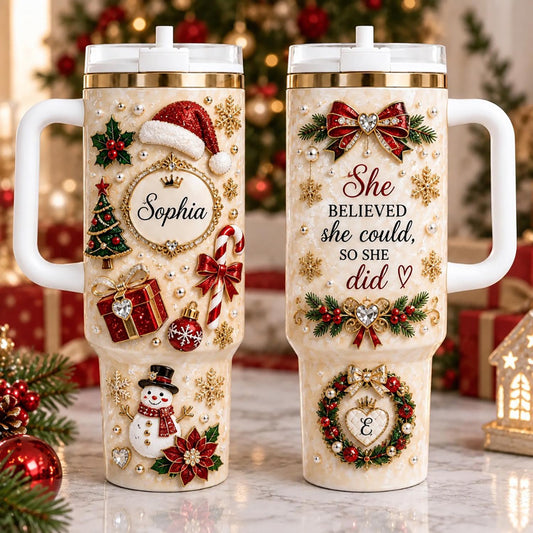 Personalized Christmas Tumbler 40oz, Custom Name Christmas Cup With Handle, Festive Holiday Tumbler