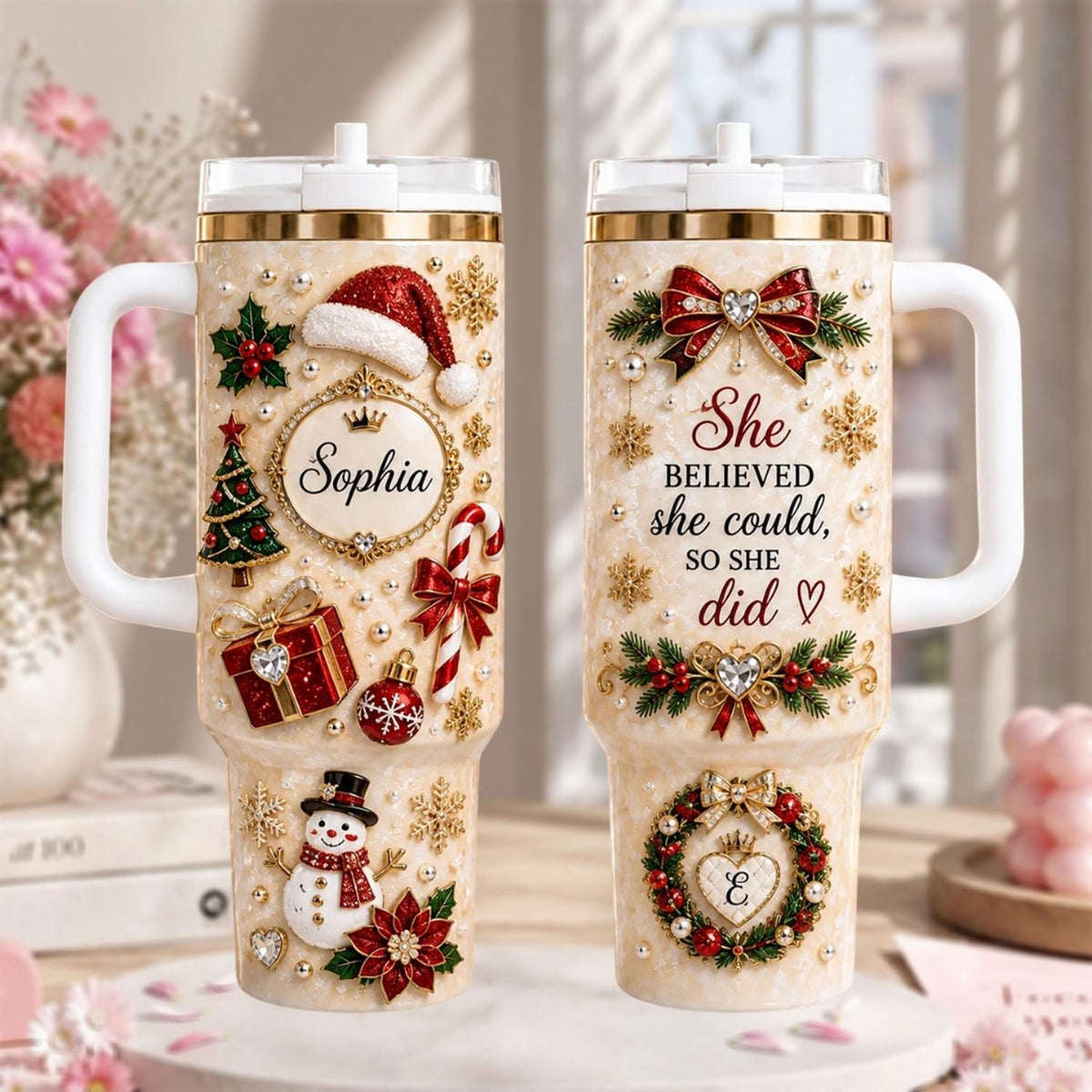 Personalized Christmas Tumbler 40oz, Custom Name Christmas Cup With Handle, Festive Holiday Tumbler