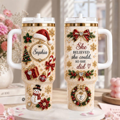 Personalized Christmas Tumbler 40oz, Custom Name Christmas Cup With Handle, Festive Holiday Tumbler