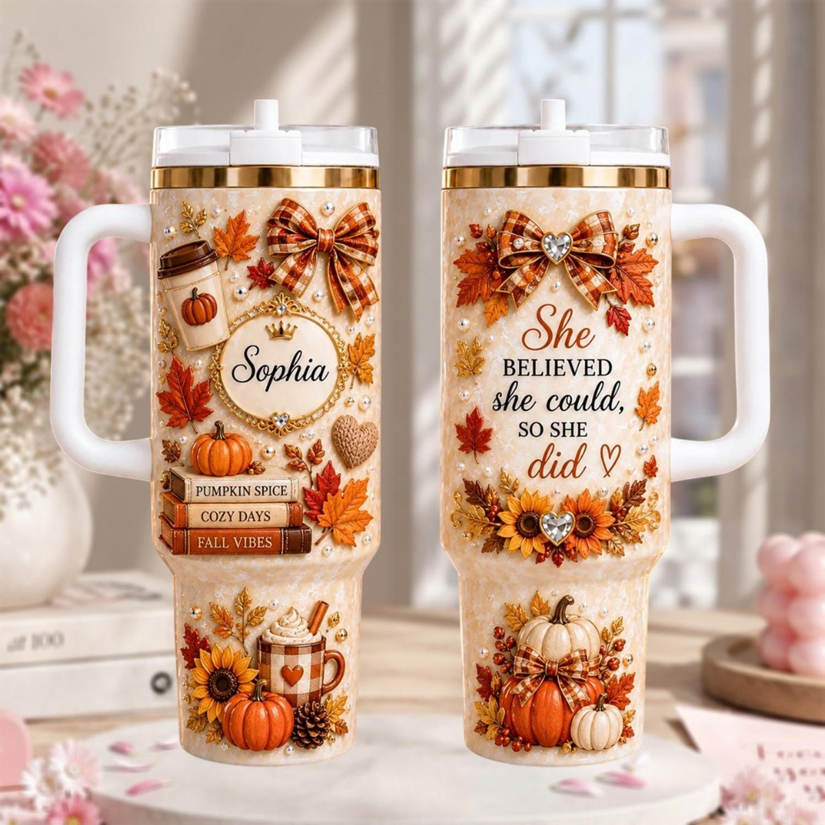 Personalized Fall Tumbler 40oz, Custom Name Pumpkin Tumbler With Handle, Autumn Coffee Cup, Cozy Fall Gift For Women