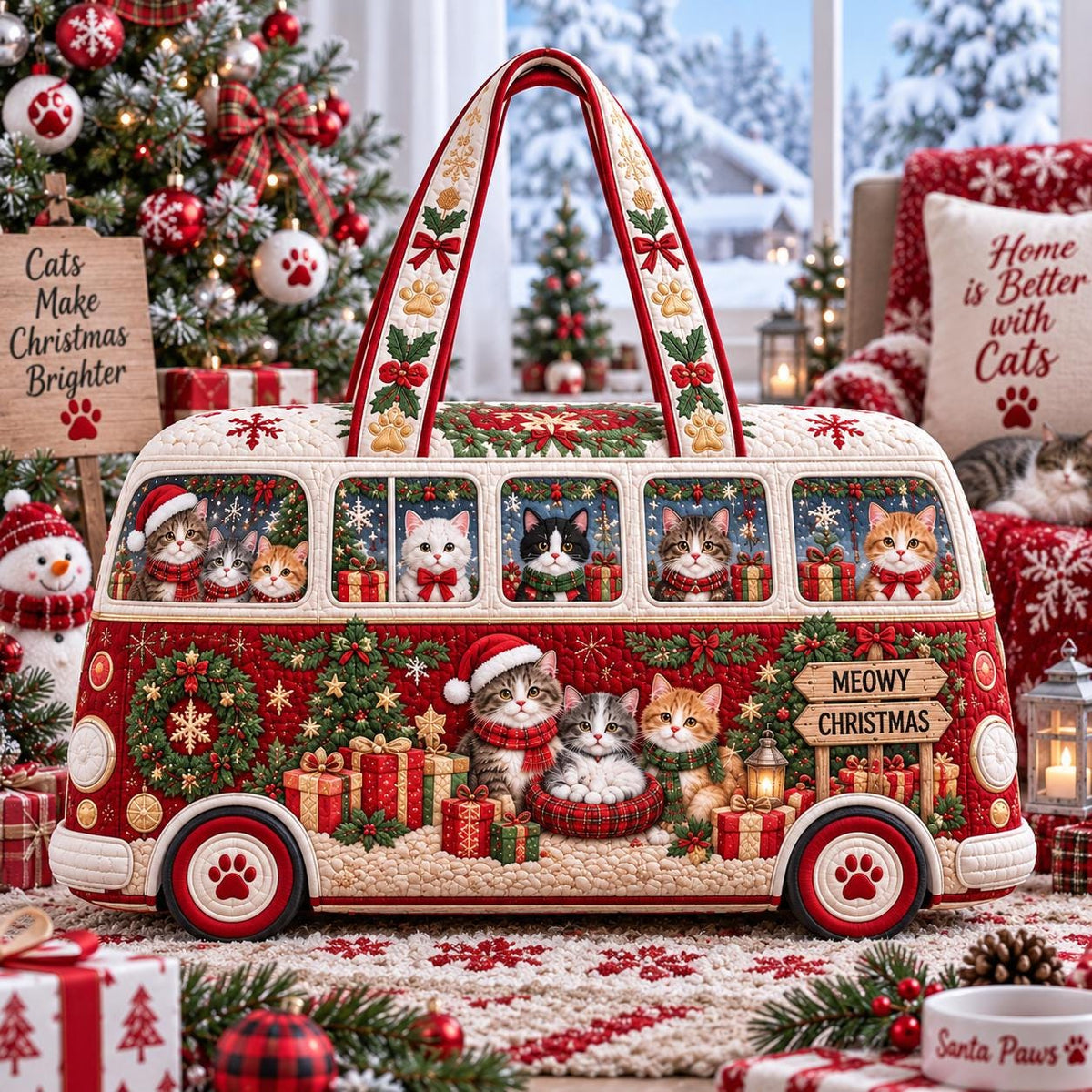 Christmas Cat Weekender, Quilted Pet Travel Bag, Personalized Kitty Tote, Pet Carrier, Cat Lover Gift 2026, Festive Travel Accessory