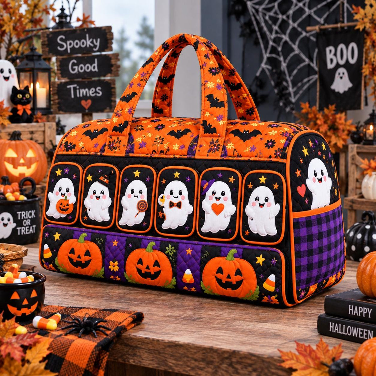 Personalized Halloween Quilted Travel Bag, Ghost Pumpkin Trick Or Treat Carryall, Spooky Party Bag, Name Gift 2026, Kids Accessory Bag