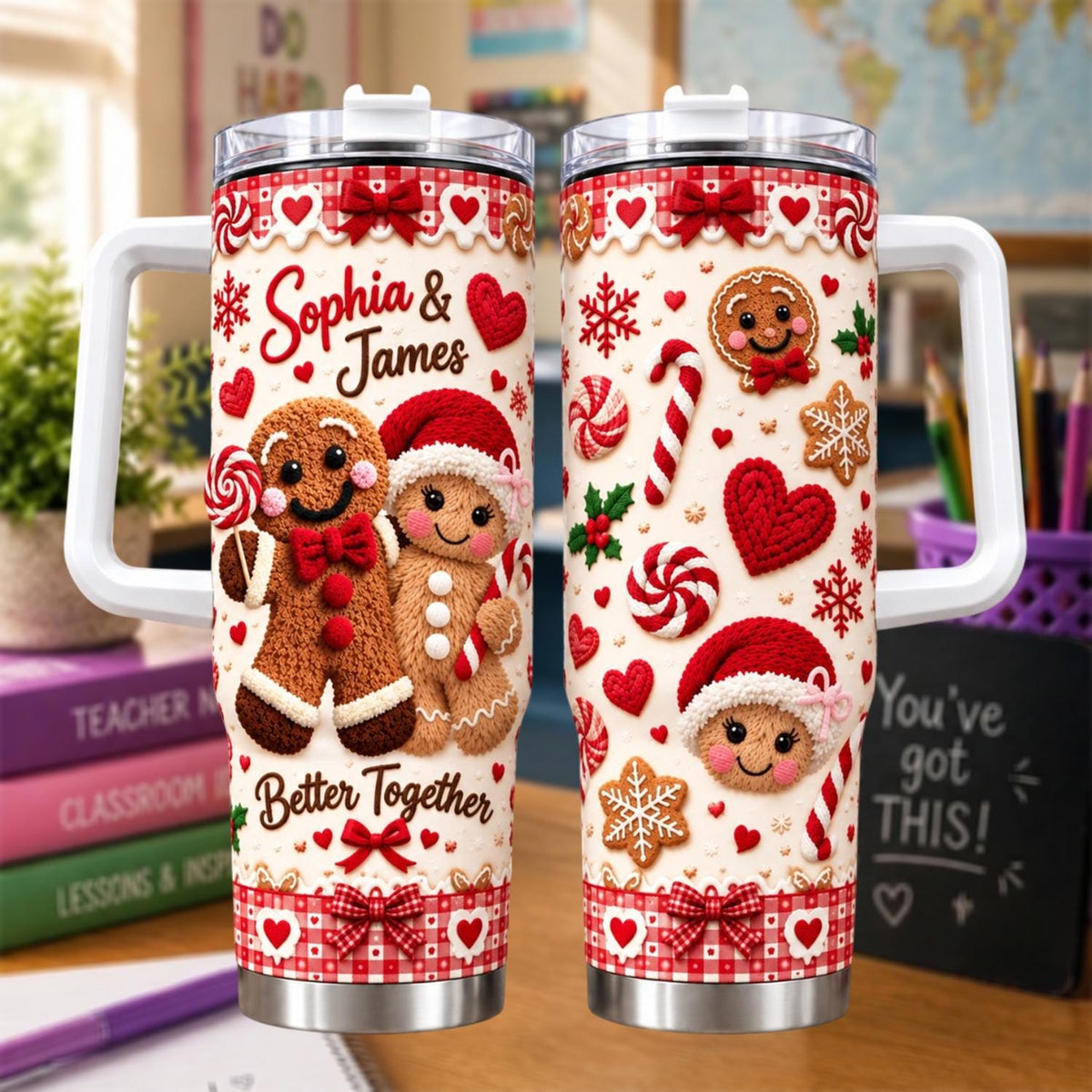 Personalized Christmas Tumbler 40oz, Custom Couple Name, Gingerbread Christmas Tumbler, Couples Gift, Holiday Gift