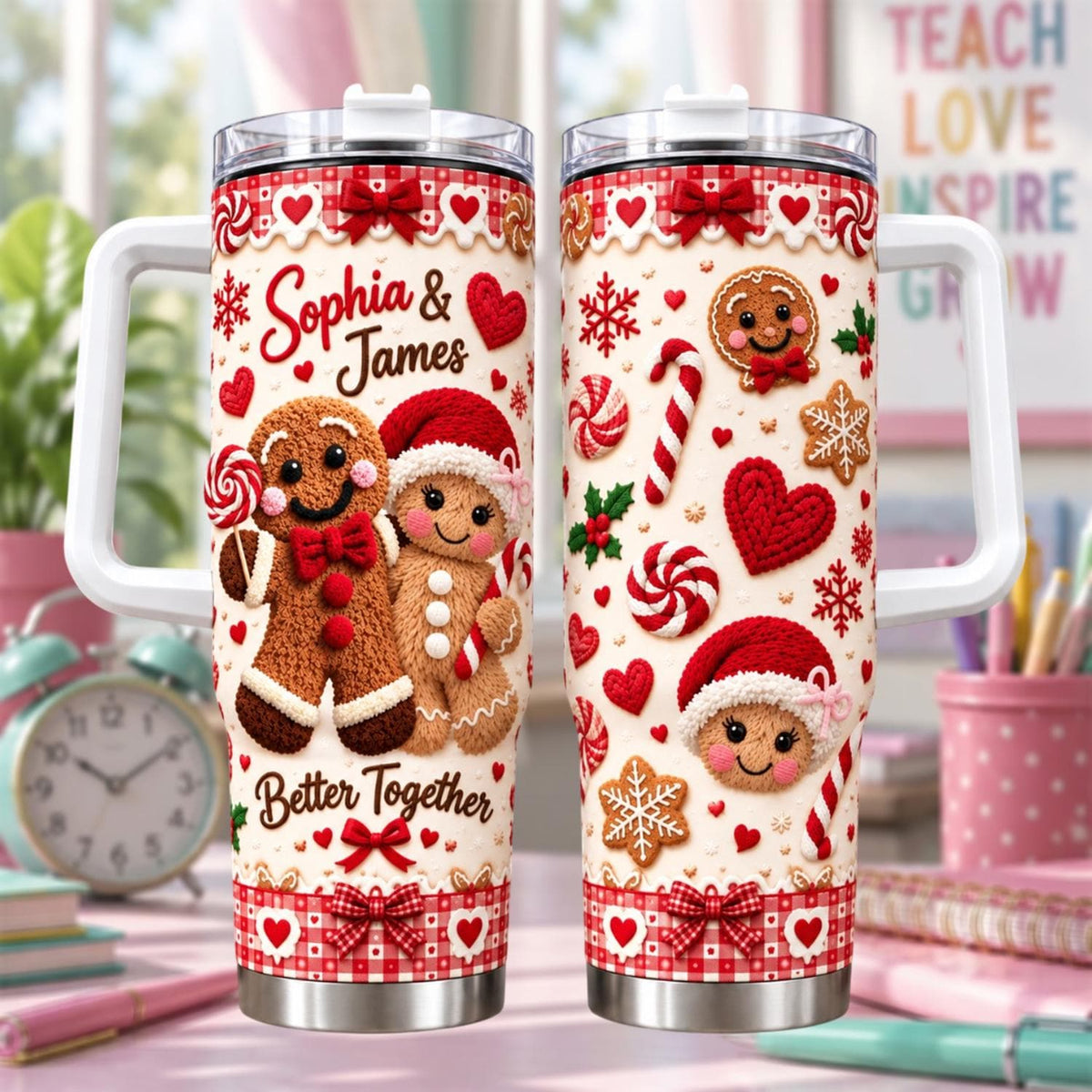 Personalized Christmas Tumbler 40oz, Custom Couple Name, Gingerbread Christmas Tumbler, Couples Gift, Holiday Gift