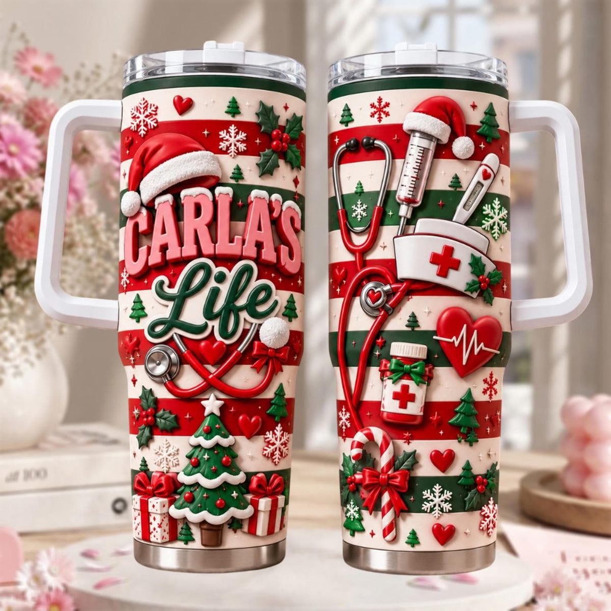 Personalized Nurse Christmas Tumbler 40oz, Custom Name Cup, Christmas Nurse Tumbler, Medical Worker Gift, Nurse Appreciation Gift