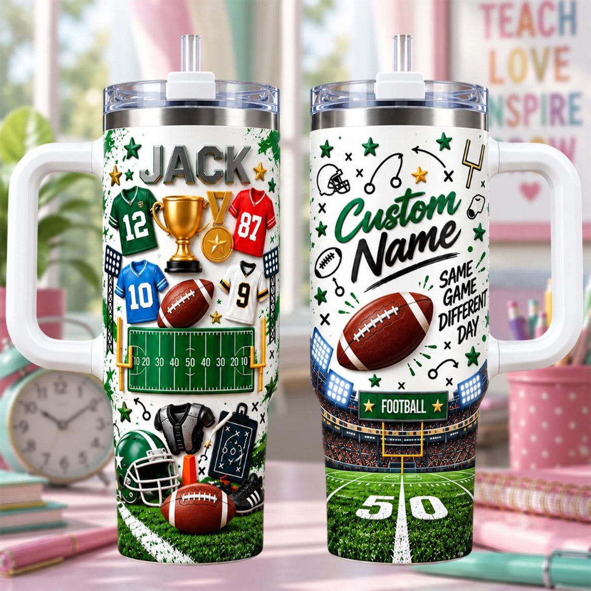 Personalized Football Tumbler 40oz, Custom Name Football Cup With Handle, Football Mom Gift, Football Season Gift