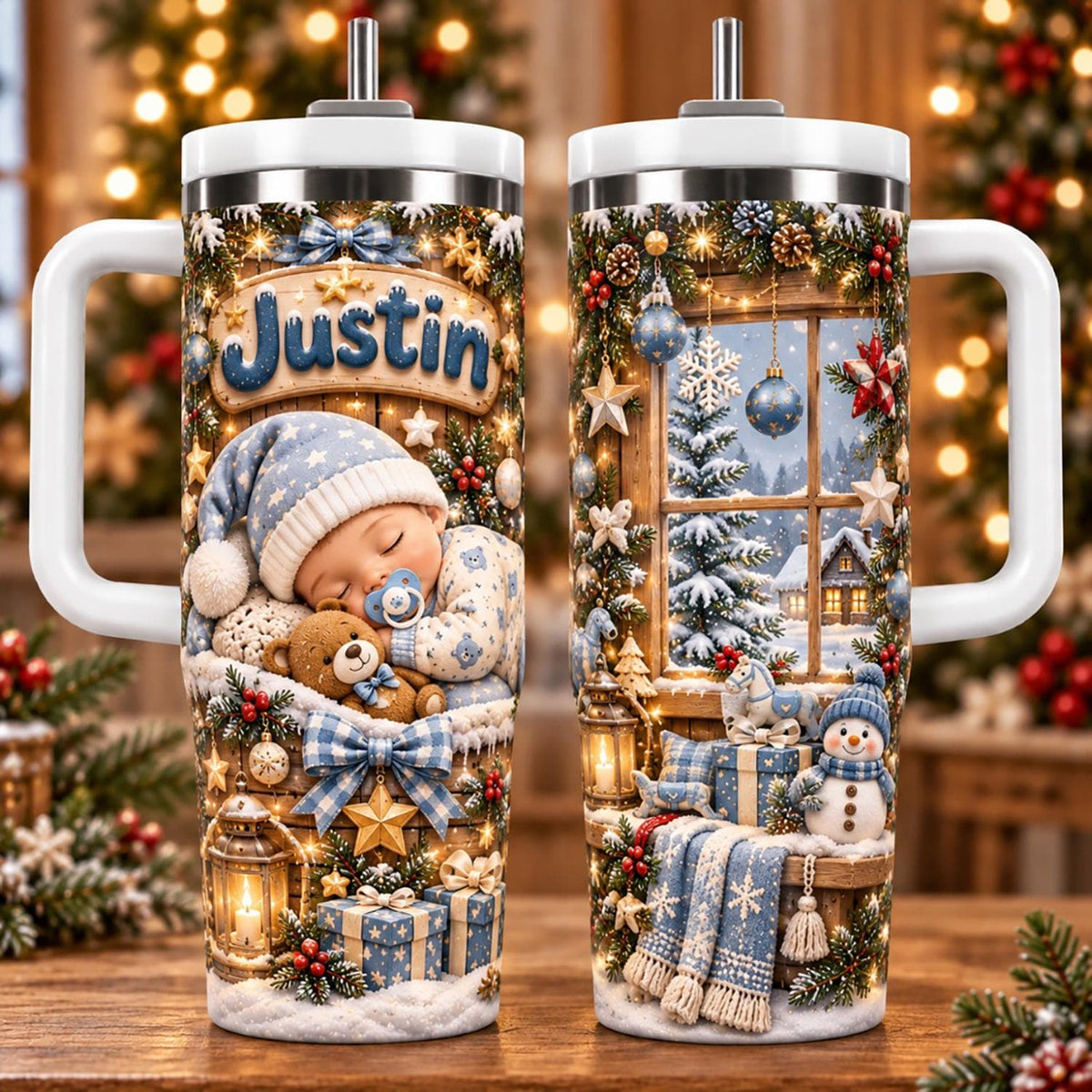 Personalized Baby Christmas Tumbler 40oz, Custom Boy Or Girl Cup, Cute Winter Gift For Mom Dad
