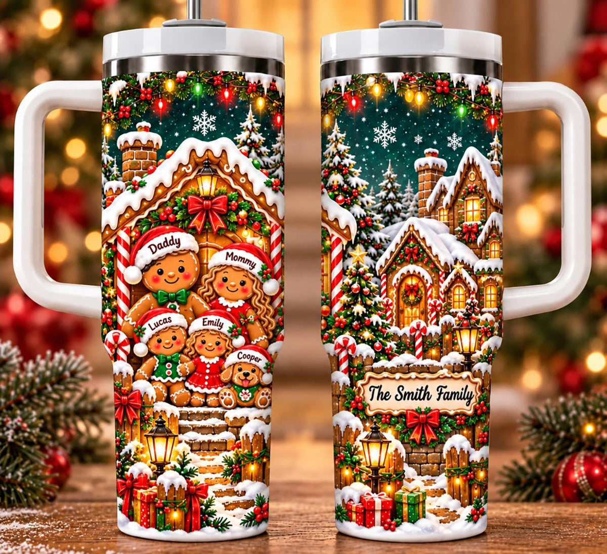 Personalized Gingerbread Christmas Tumbler 40oz, Custom Family Name Cup, Gingerbread Family Christmas Tumbler, Matching Family Gift