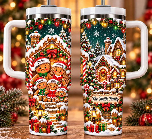 Personalized Gingerbread Christmas Tumbler 40oz, Custom Family Name Cup, Gingerbread Family Christmas Tumbler, Matching Family Gift