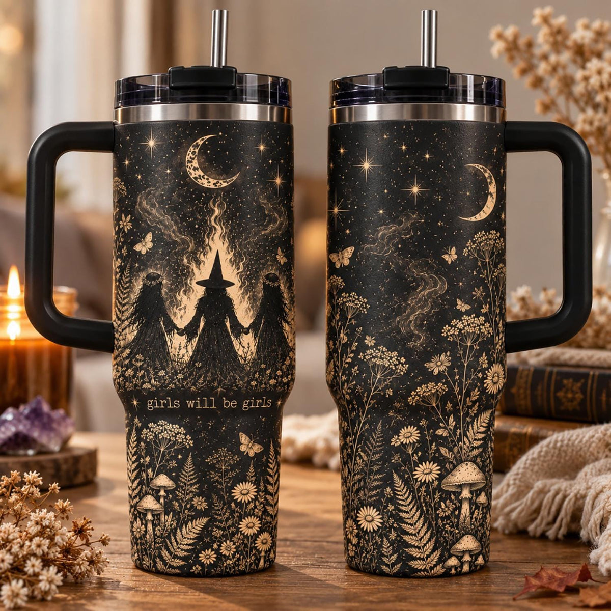 Personalized Witch Tumbler 40oz, Custom Name Celestial Moon Tumbler, Witchy Mushroom Flower Cup, Girls Will Be Girls Gift