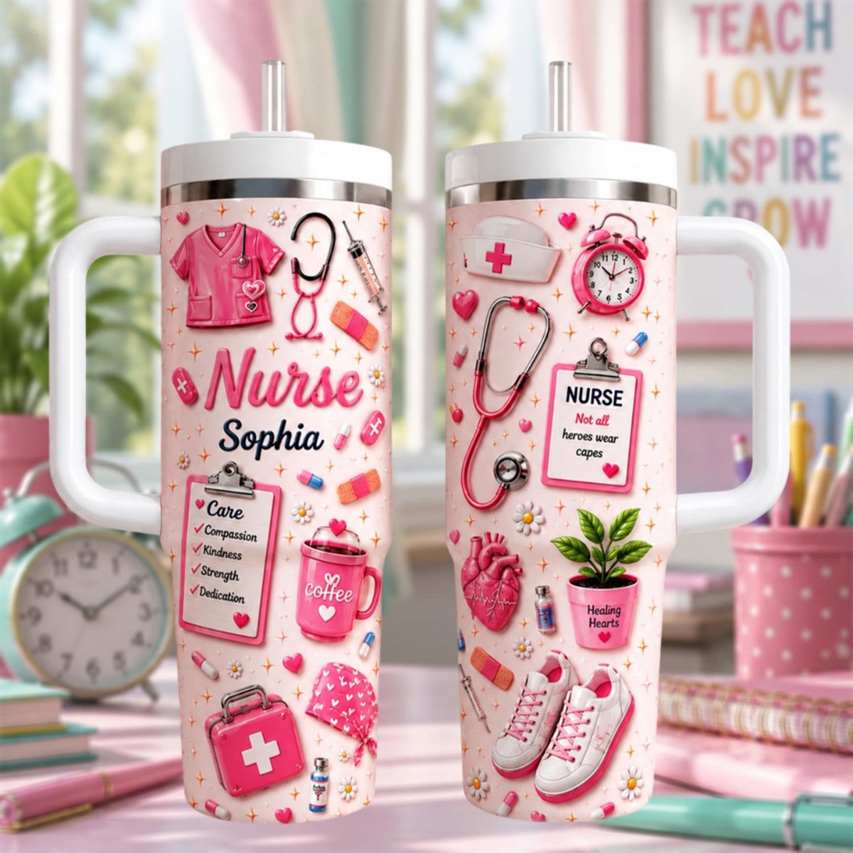 Personalized Nurse Tumbler 40oz, Custom Nurse Name Cup With Handle, Cute Nursing School Tumbler, Nurse Appreciation Gift