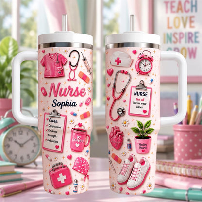 Personalized Nurse Tumbler 40oz, Custom Nurse Name Cup With Handle, Cute Nursing School Tumbler, Nurse Appreciation Gift