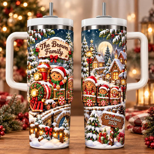 Personalized Christmas Family Name 40oz Tumbler, Christmas Train Tumbler, Winter Wonderland Gift, Family Christmas Cup