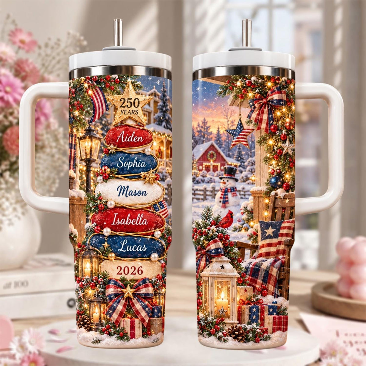 Personalized Christmas Family Name 40oz Tumbler, 250th Anniversary Usa Tumbler, Patriotic Christmas Gift, 2026 Family Cup