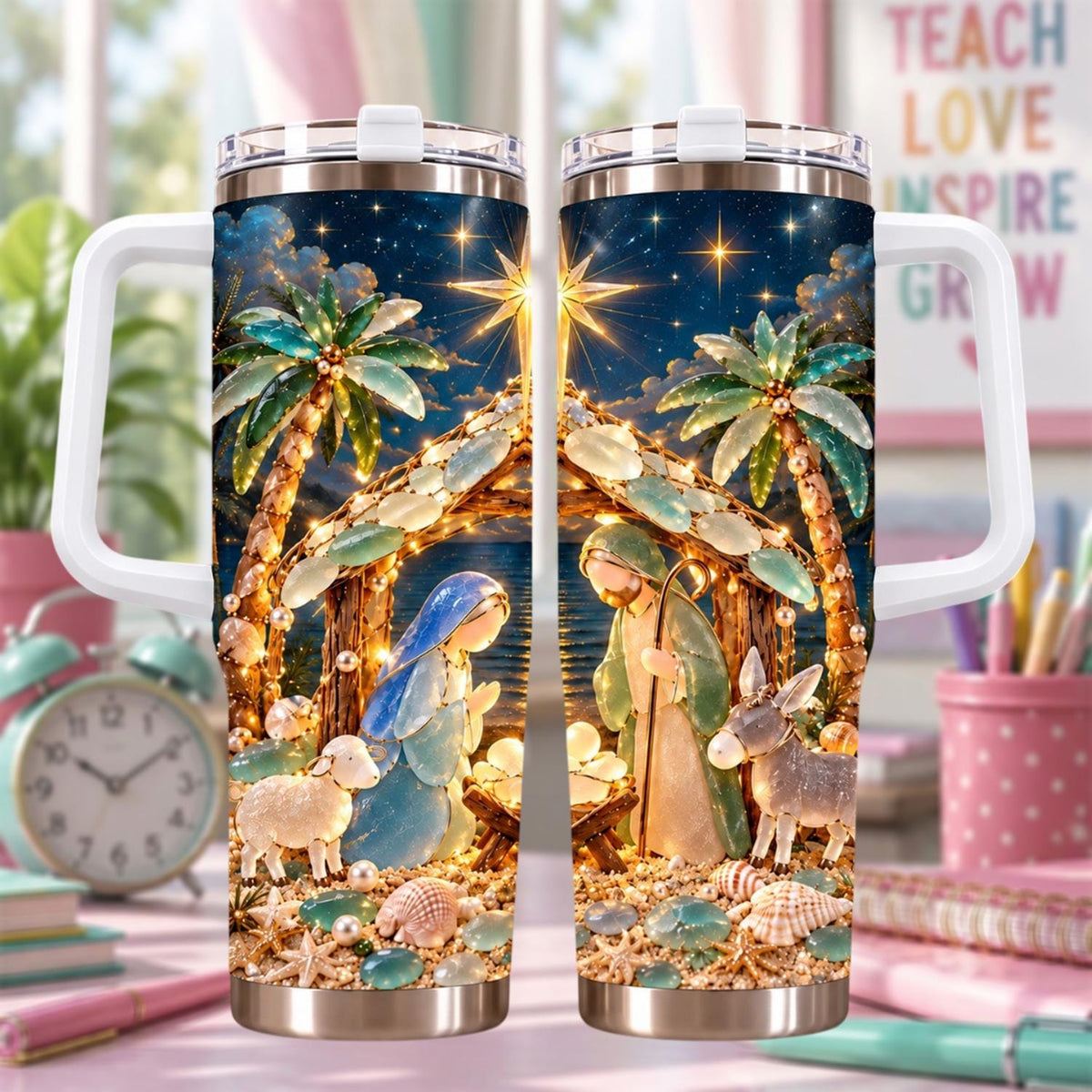 Personalized Christmas Nativity 40oz Tumbler, Coastal Christmas Tumbler, Christmas Beach Gift, Religious Holiday Cup